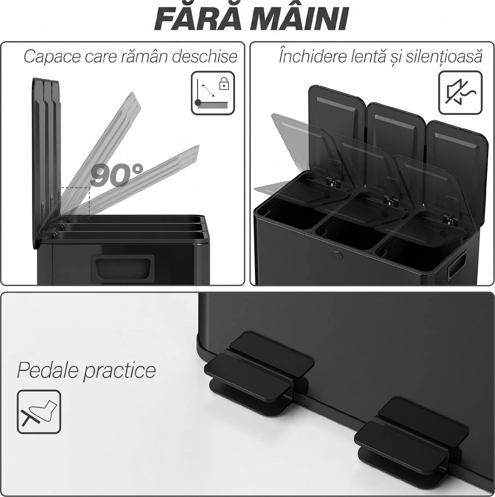 HOMCOM Coș de Gunoi cu 3 Secțiuni de 20L cu Pedală și 2 Capace cu Închidere Silențioasă, Coș de Gunoi din Oțel Inoxidabil și PP, 61.9x36.6x56.7 cm, Negru | Aosom Romania