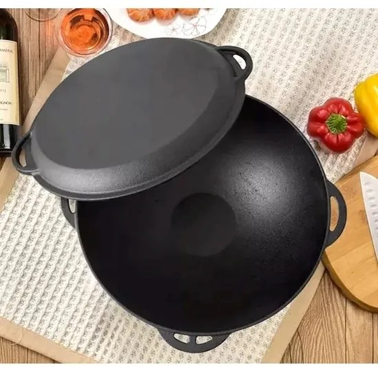 Oala fonta wok cu capac, 3 in 1, 32cm, Perfect Home 12411, capac tigaie