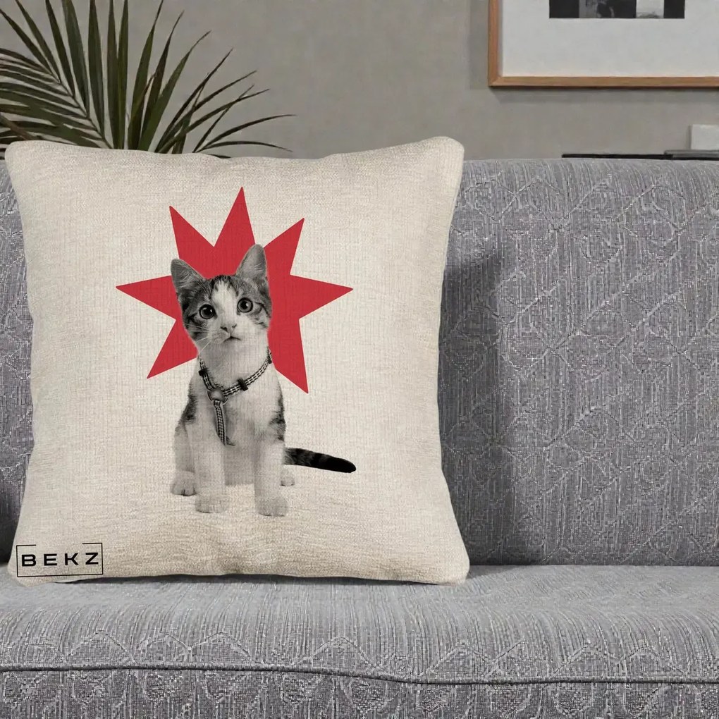 Perna Decorativa Pisica Star Pop Art, 40x40 cm, Bej Canapea, Husa Detasabila, Perna Inclusa, BEKZ®
