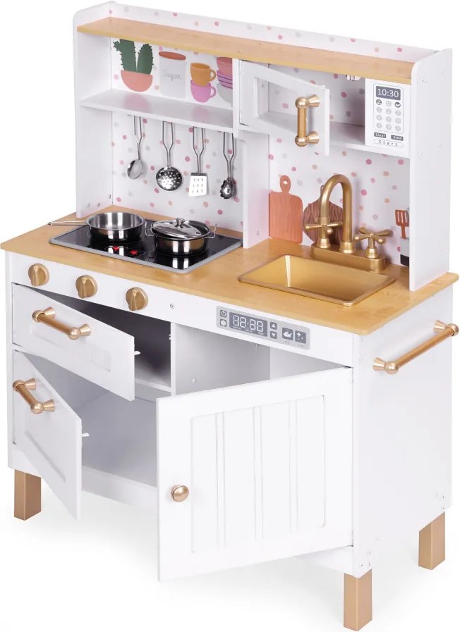 Bucătărie mare din lemn cu dulapuri cu deschidere LED și 7 accesorii