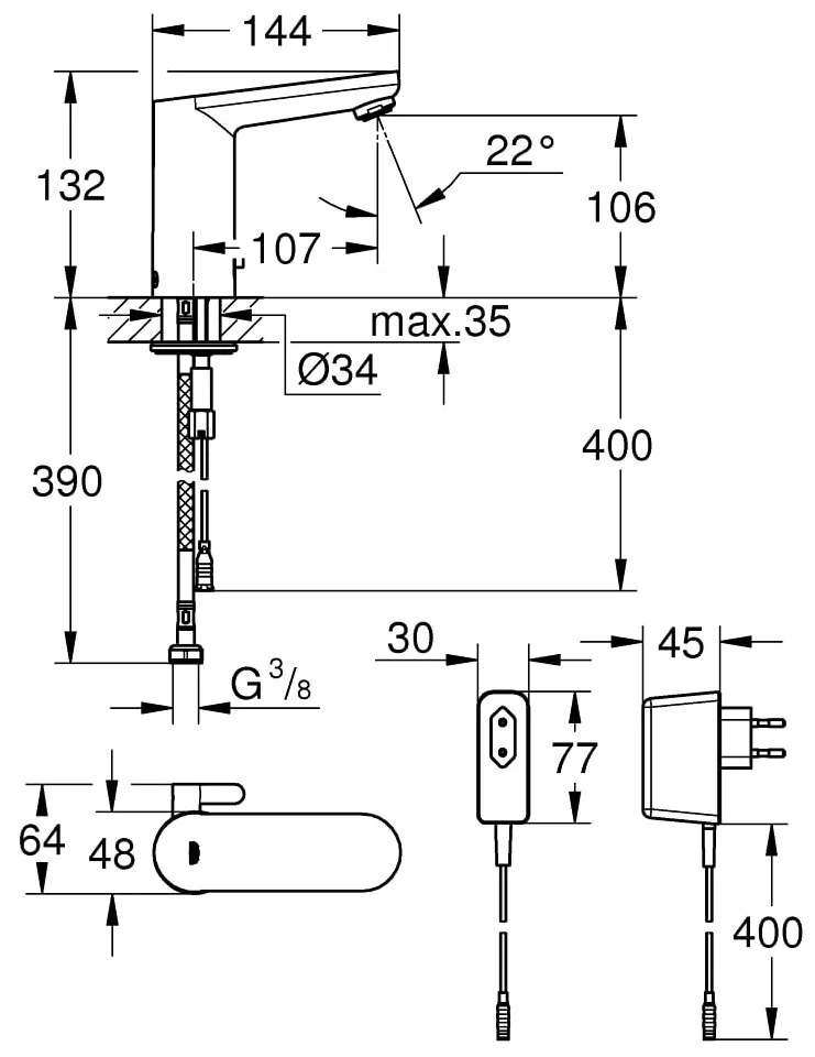 Baterie lavoar senzor Grohe Eurosmart Cosmo E mixare,crom, furtune flexibile, alimentare la priza-36325001