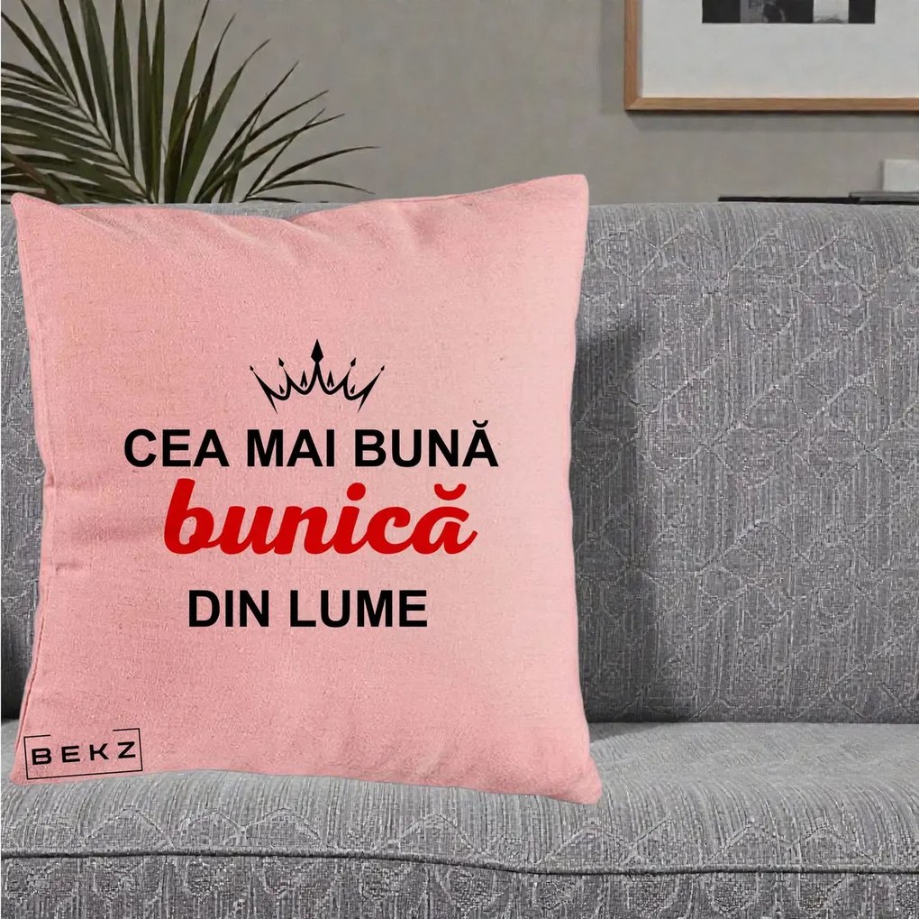 Cadou pentru Bunica - Perna Personalizata Cea Mai Buna Bunica Din Lume Coroana Neagra, 40x40 cm, Roz, Husa Detasabila, Perna Inclusa, BEKZ®