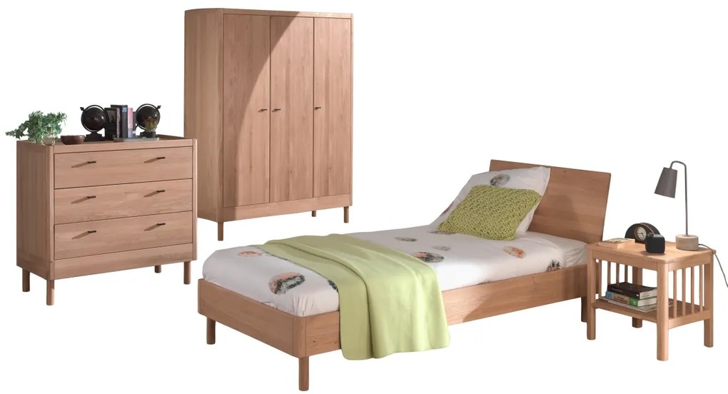 Set Complet Mobilier Camera Copii Forrest Oak, Pat 90x200 cm, Dulap cu 3 Uși, Noptieră și Comodă, din Lemn de Stejar, Natur – Vipack