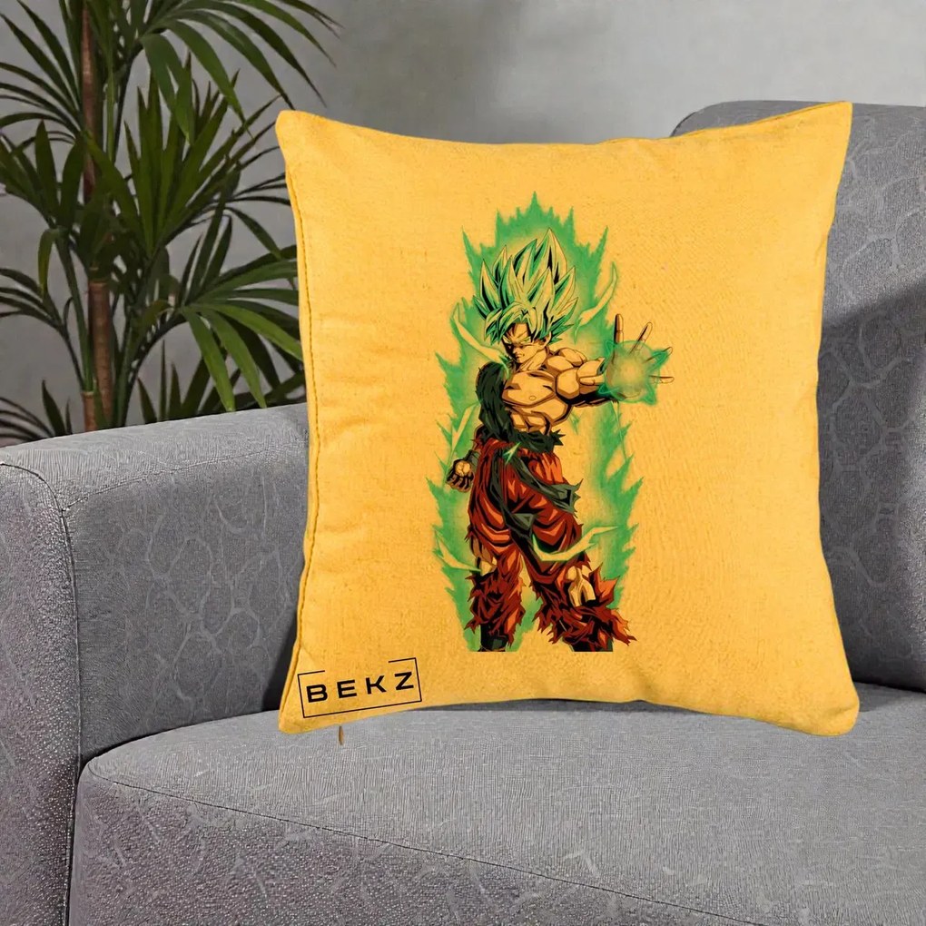 Perna Personalizata Dragon Ball Goku Ultra Instinct Blue, 40x40 cm, Galben, Husa Detasabila, Perna Inclusa, BEKZ®