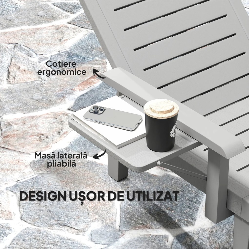 Outsunny Set 2 Șezlonguri cu Spătar Reglabil în 5 Poziții, Măsuță și Brațe Ergonomice, 79x158x88 cm, Gri | Aosom Romania