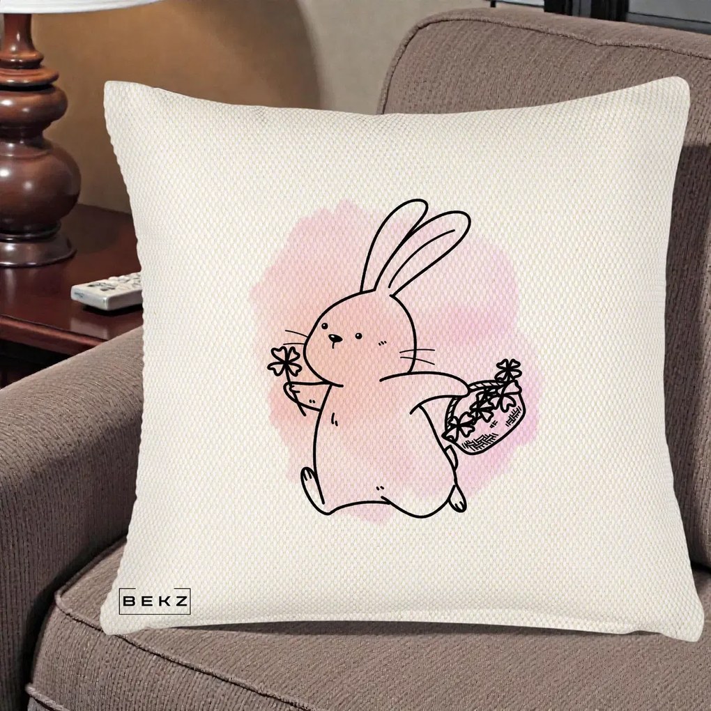 Perna Decorativa Iepuras Kawaii cu Cosulet Floral, 40x40 cm, Crem Reliefat, Husa Detasabila, Perna Inclusa, BEKZ®