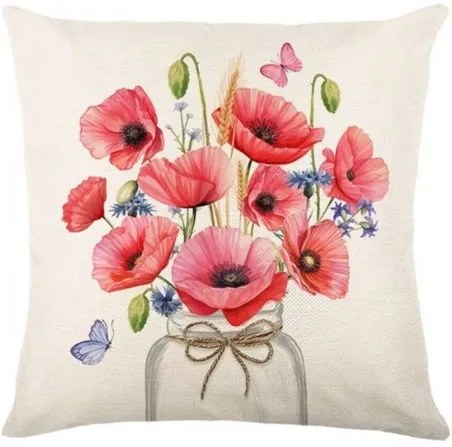 Husa de perna din in POPPY FLOWERS 45x45 cm, bej