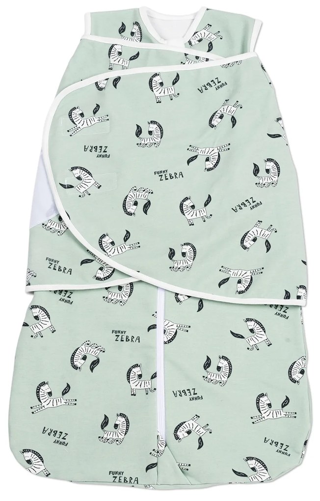 Sac de dormit bebelusi cu sistem de infasare din bumbac flausat Kidizi Zebra Mint, 0-6 luni, 1 tog