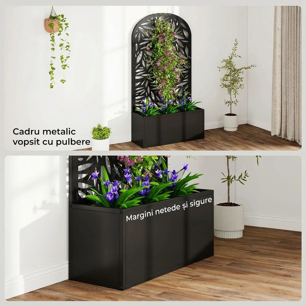 Outsunny Jardiniere Ridicată pentru Grădină și Balcon cu Spalier Arcuit Decorat cu Frunze, pentru Flori și Legume, Montare pe Perete sau Utilizare Independentă, Negru | Aosom Romania