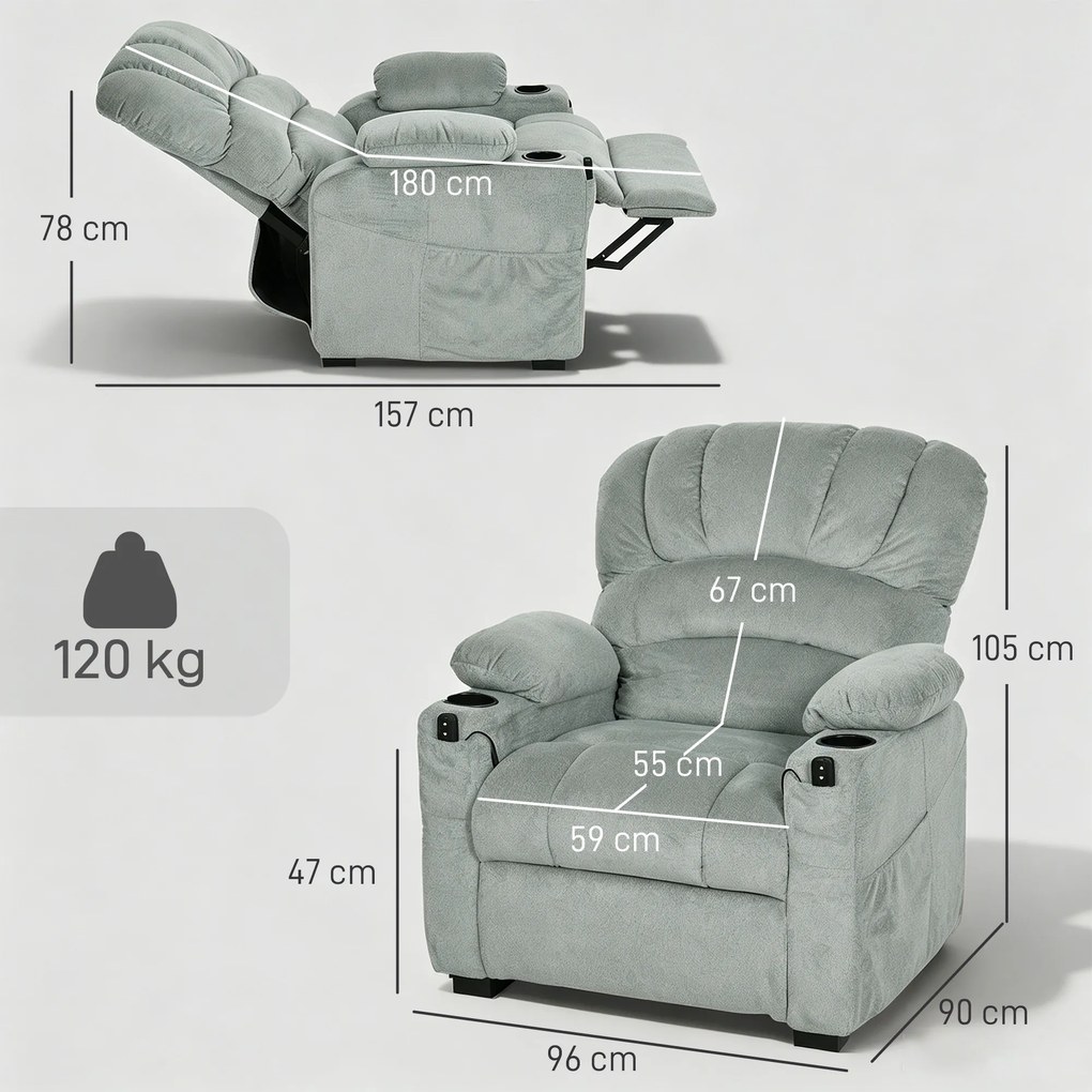 HOMCOM Fotoliu Relax Electric Reclinabil 150° cu Suport pentru Picioare, Șezut Lat, Silențios, Catifea, Gri | Aosom Romania