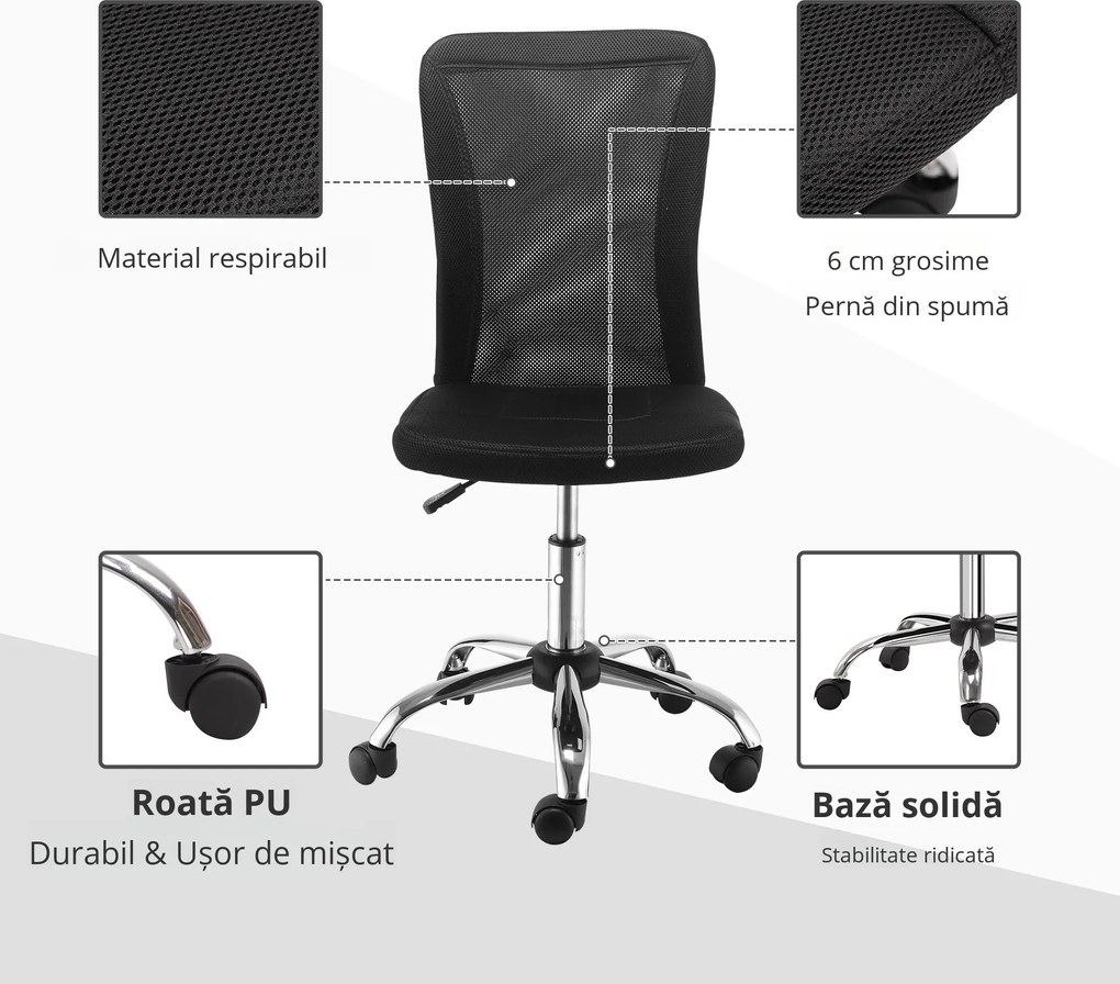 Vinsetto Scaun de Birou Ergonomic Rotativ Fara Cotiere, Inaltime Ajustabila cu 5 Roti Spatar Transpirant, Negru, 43x46x100cm | Aosom Romania