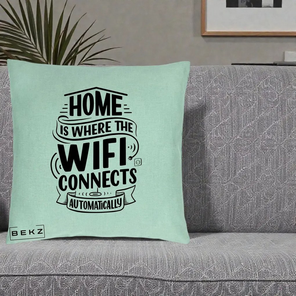 Perna Decorativa Home Is Where WiFi Connects, 40x40 cm, Verde Menta, Husa Detasabila, Perna Inclusa, BEKZ®
