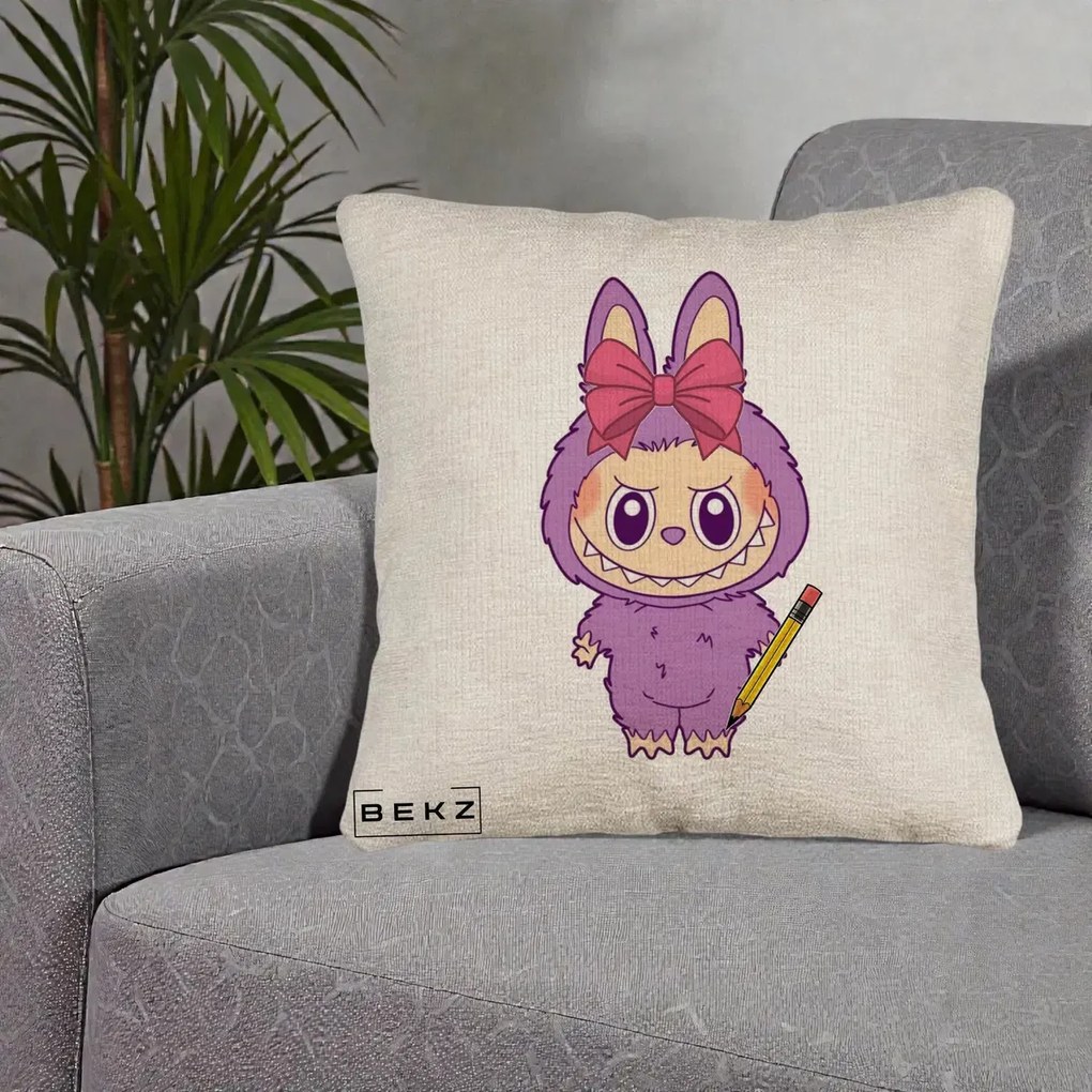 Perna Personalizata Labubu Mov cu Funda Rosie si Creion, 40x40 cm, Bej Canapea, Husa Detasabila, Perna Inclusa, BEKZ®
