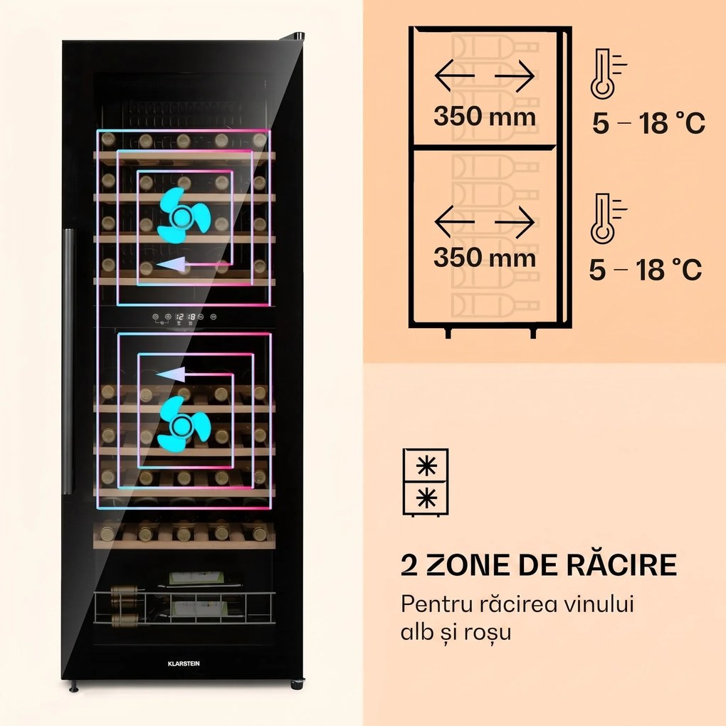 Klarstein Barossa 54 Duo, Frigider pentru vin, 2 zone, 148 litri, 54 sticle cu ecran tactil