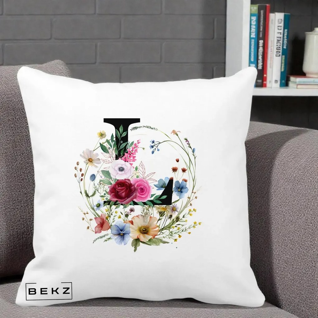 Cadou Personalizat - Perna Personalizata Monogram Litera L cu Flori Acuarela, 40x40 cm, Alba Mata, Husa Detasabila, Perna Inclusa, BEKZ®