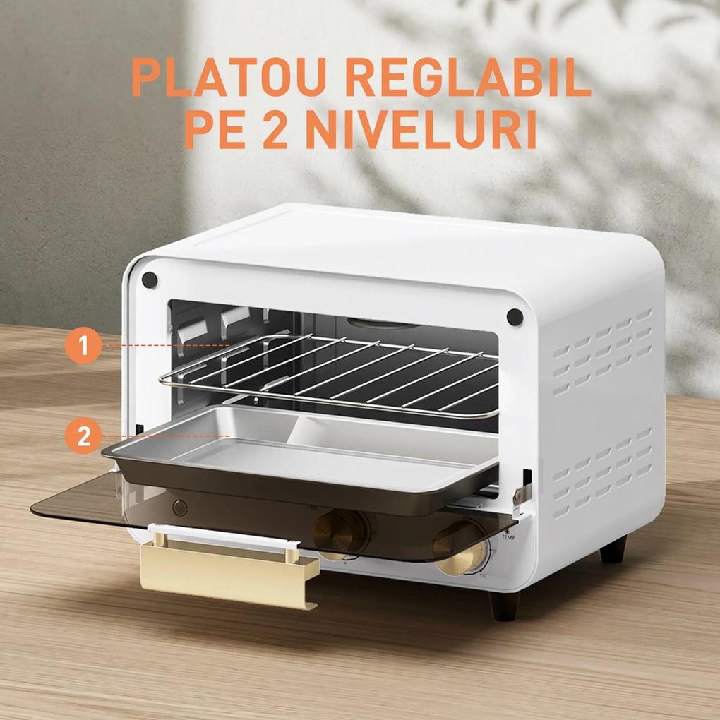 HOMCOM Cuptor Electric cu 2 Înălțimi cu Temporizator și Temperatură Reglabilă, 31,5x27,7x22,7 cm, Alb | Aosom Romania