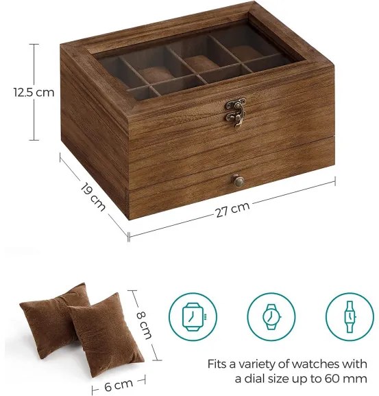 Cutie De Bijuterii Din Lemn Cu 2 Niveluri, Cu Capac De Sticla, Nuc Rustic