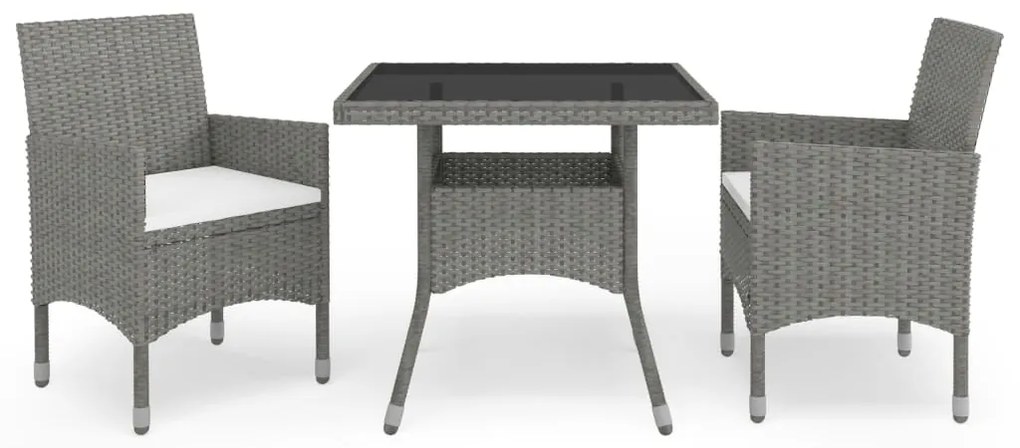 vidaXL Set de masă pentru grădină, 3 piese, gri, poliratan și sticlă