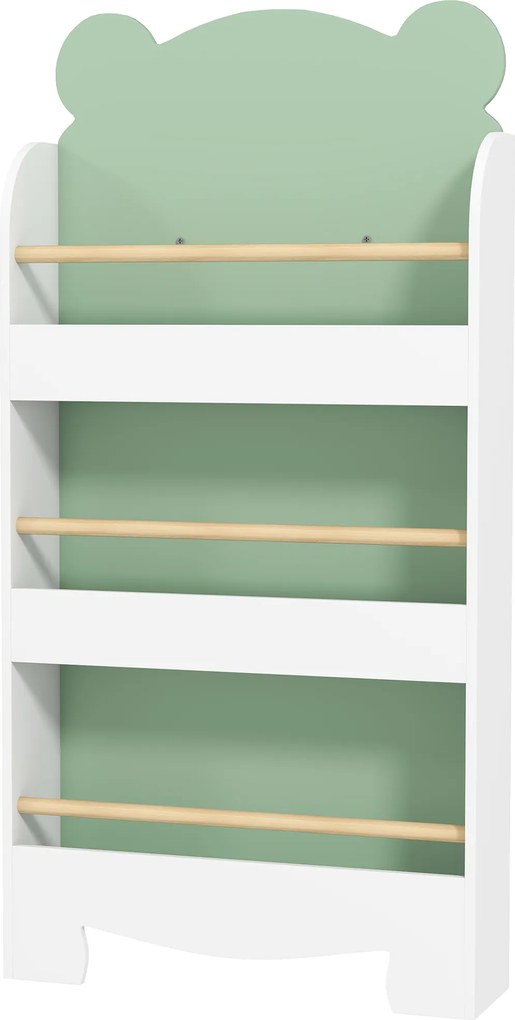 AIYAPLAY Raft pentru cărți copii, raft pentru copii cu 3 niveluri cu temă urs pentru cărți și jucării, 55 x 15 x 110 cm, Verde | Aosom Romania