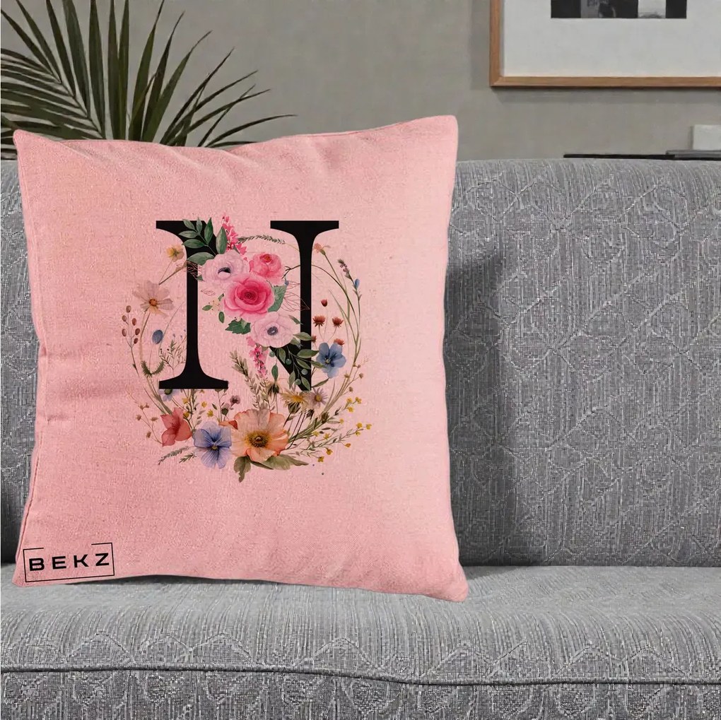Cadou Personalizat - Perna Personalizata Monogram Litera N cu Flori Acuarela, 40x40 cm, Roz, Husa Detasabila, Perna Inclusa, BEKZ®