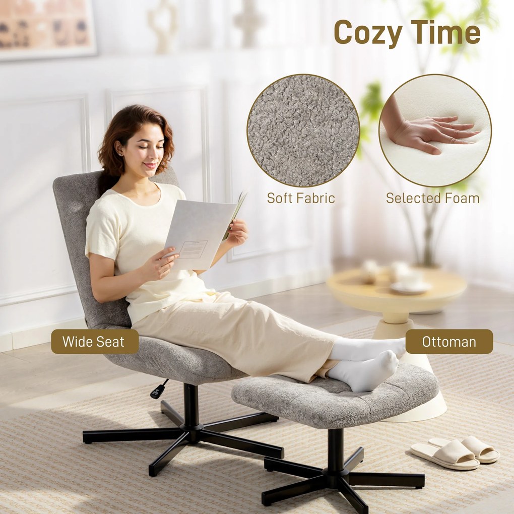 HOMCOM Scaun reclinabil pe 4 niveluri cu otoman separat în efect de catifea, 66x80x93-104 cm, Gri | Aosom Romania