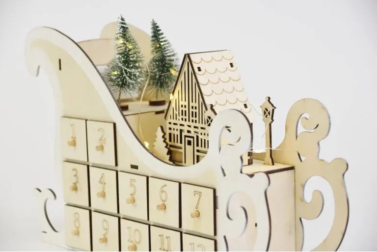 Calendar advent din lemn cu 12 sertare, LED cald, timer, san