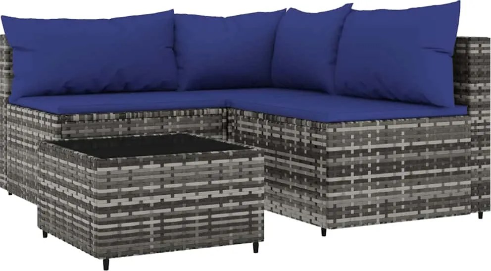 vidaXL Set mobilier de grădină cu perne, 4 piese, gri, poliratan