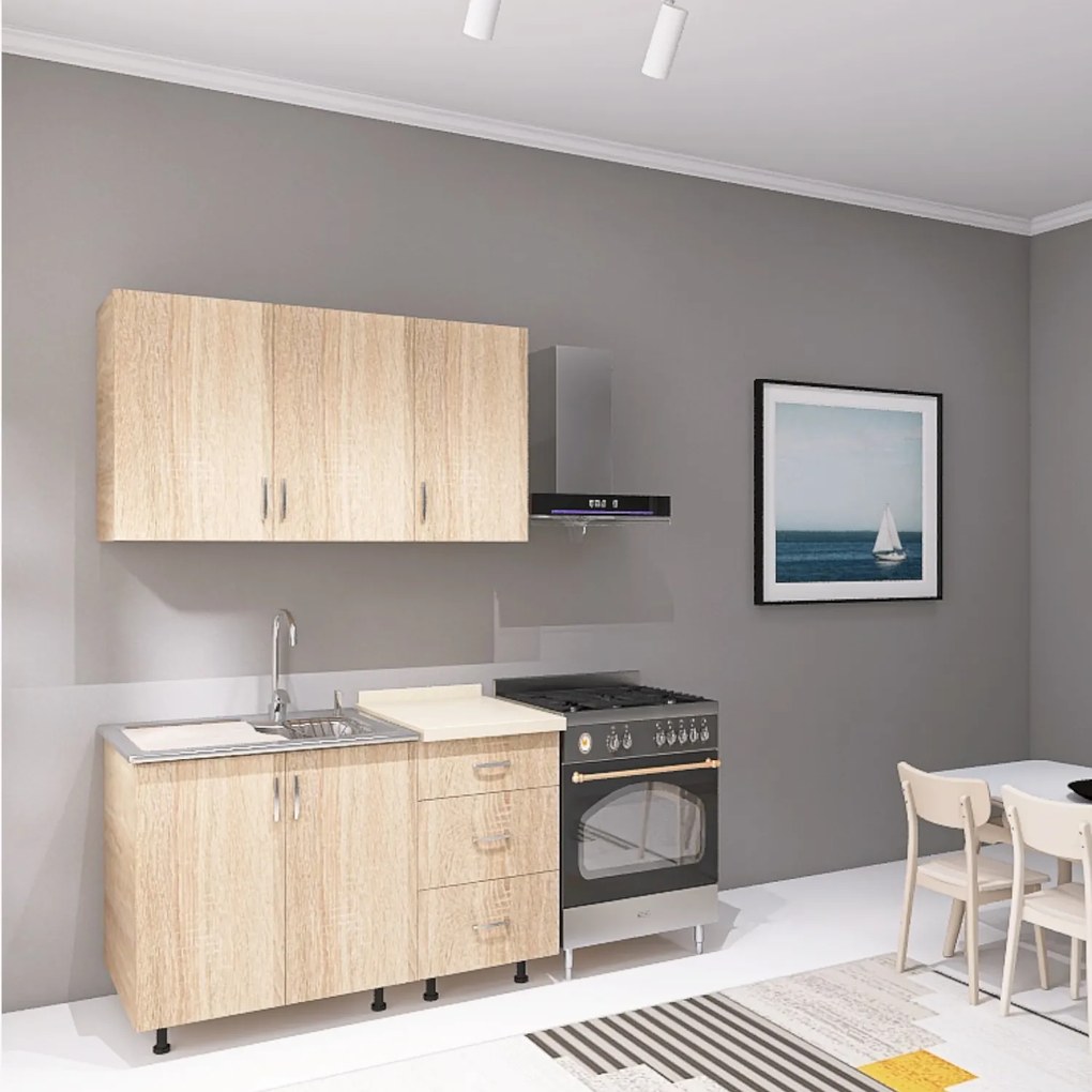 Bucatarie 120 cm Lungime, Material PAL 18mm, Culoare Stejar Sonoma, Blat termorezistent 2.8 cm Grosime