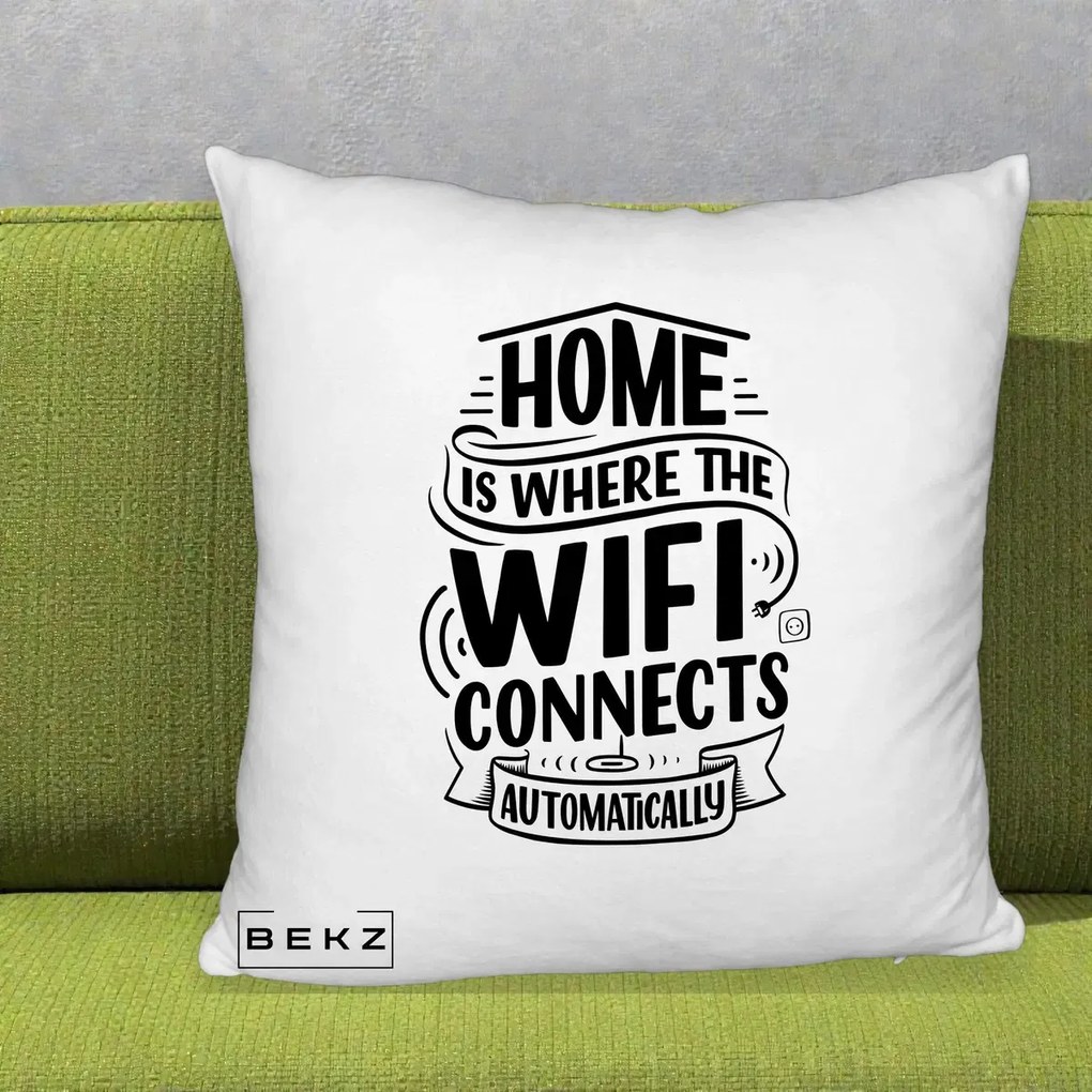 Perna Decorativa Home Is Where WiFi Connects, 40x40 cm, Alb Pufos, Husa Detasabila, Perna Inclusa, BEKZ®