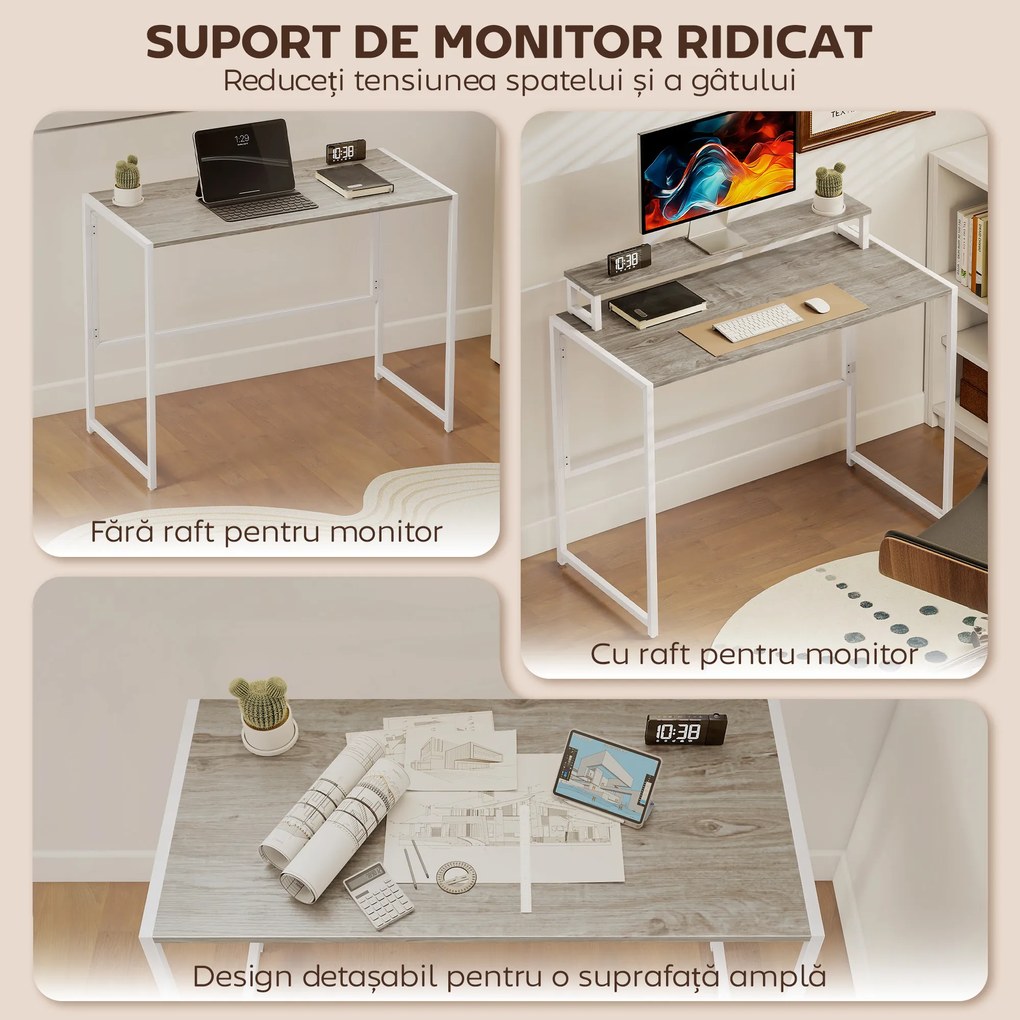 HOMCOM Masă Pliabilă Economisitoare de Spațiu cu Suport Detasabil pentru Monitor, 100x48x87,5 cm, Masă Portabilă pentru Birou, Casă și Studio, Culoare Lemn | Aosom Romania