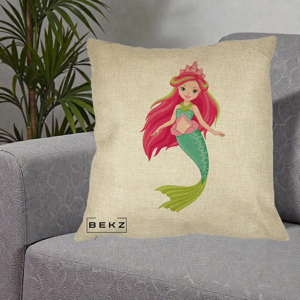 Perna Decorativa Sirena Roz cu Coroana, 40x40 cm, Crem, Husa Detasabila, Perna Inclusa, BEKZ®