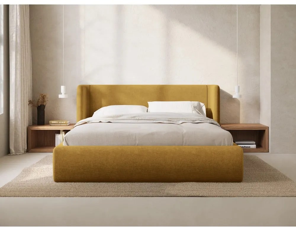 Pat matrimonial galben muștar tapițat cu spațiu de depozitare cu somieră 200x200 cm Jason – Windsor & Co Sofas