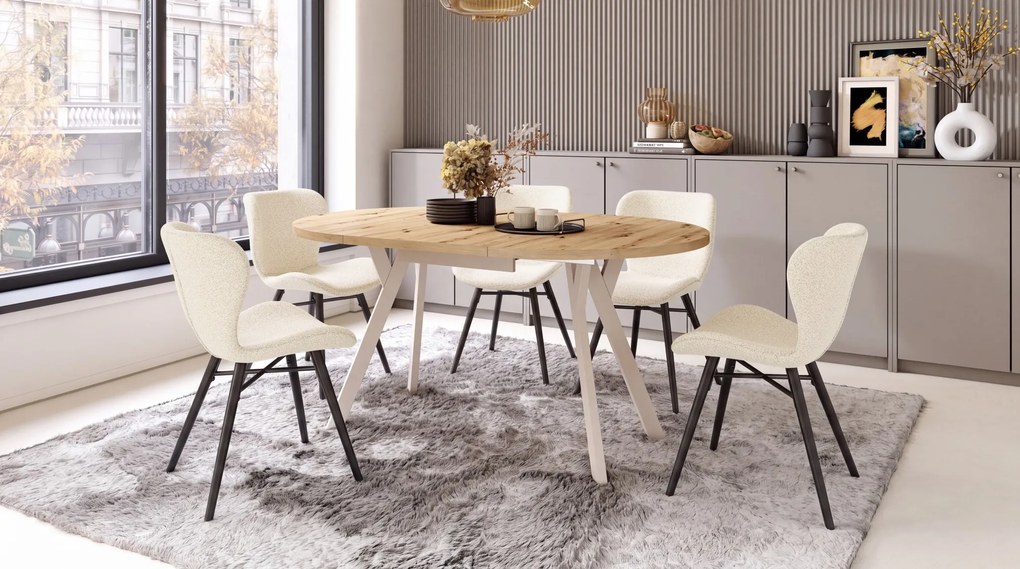 MAZZONI EXPORT ALTEA Crem (țesătură Monza 90) / picioare negre – SCAUN MODERN TAPIȚAT CU BOUCLÉ PENTRU LIVING, SUFRAGERIE ȘI BUCĂTĂRIE