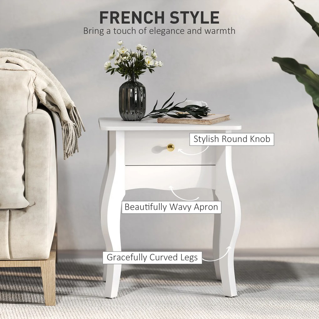 HOMCOM Măsuță de Living cu Sertar în Stil Francez 45x35x55 cm, Alb | Aosom Romania