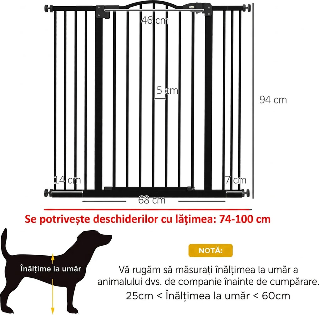 PawHut Poartă Extensibilă pentru Câini fără Șuruburi, Poartă de Siguranță Reglabilă, 94-100x94 cm, Negru | Aosom Romania