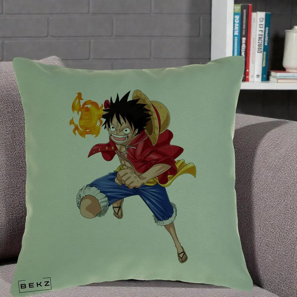 Perna Personalizata One Piece Luffy Gear Second Foc, 40x40 cm, Verde, Husa Detasabila, Perna Inclusa, BEKZ®