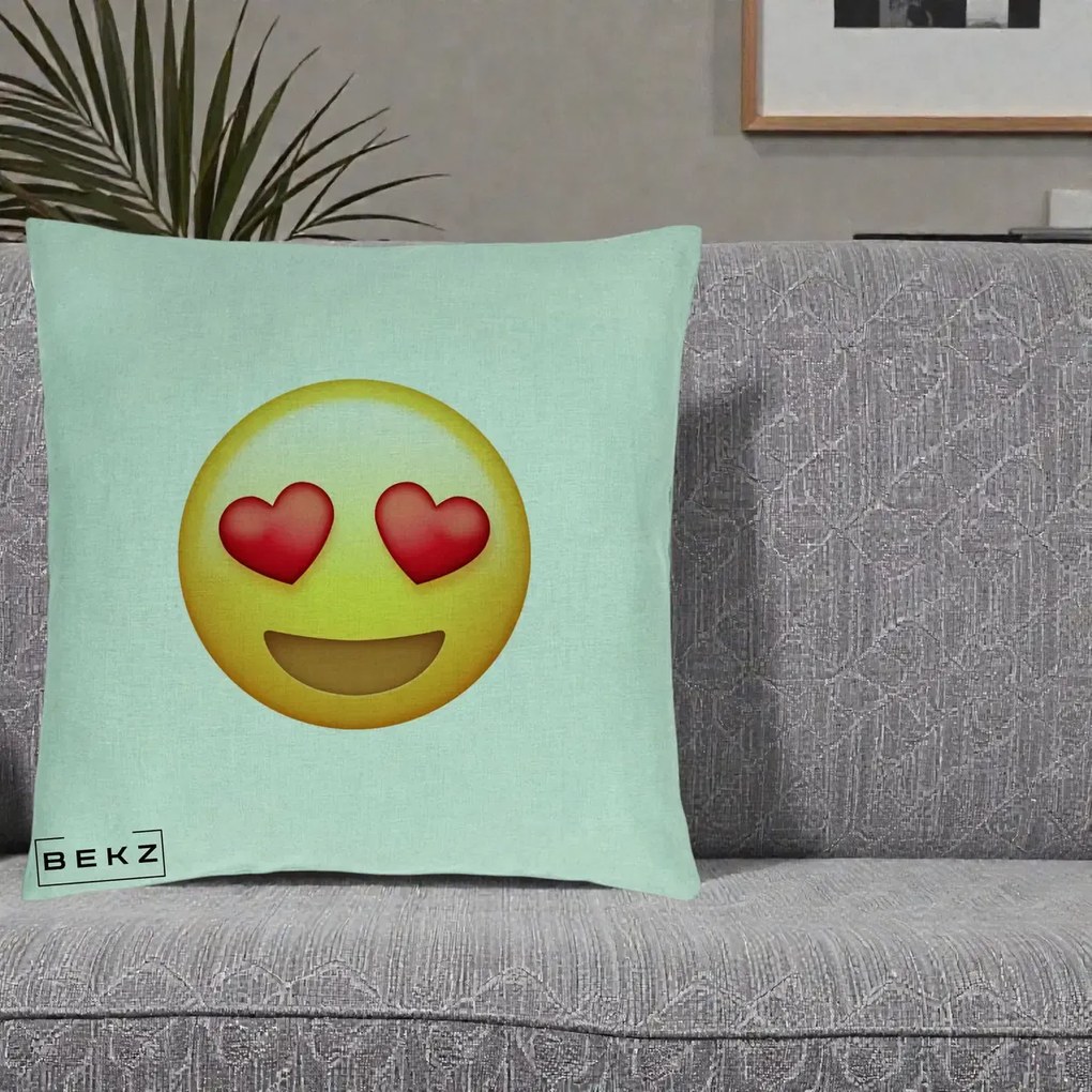 Perna Decorativa Emoji Inimi in Ochi, 40x40 cm, Verde Menta, Husa Detasabila, Perna Inclusa, BEKZ®