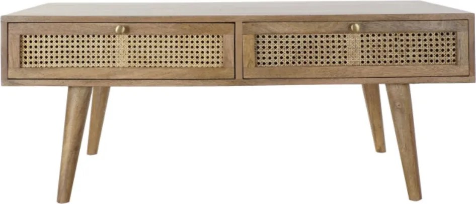 Măsuță de cafea din lemn de mango și ratan, maro, cu 2 sertare și picioare înclinate, finisaj mat, 46 x 115 x 60 cm, „Ravena” – Ethnic Collections