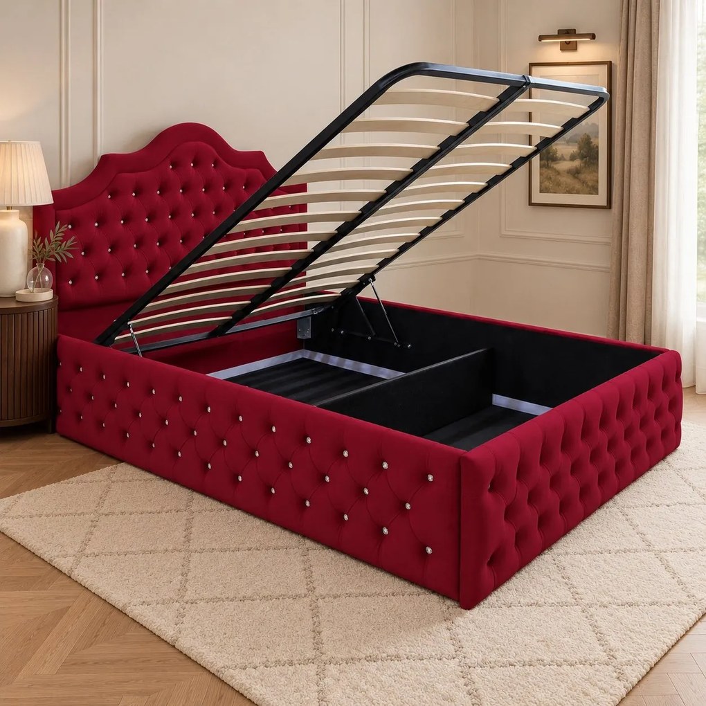 Pat tapițat Chesterfield din catifea Imperio Deluxe 160×200 cm, vișiniu, cu ladă de depozitare