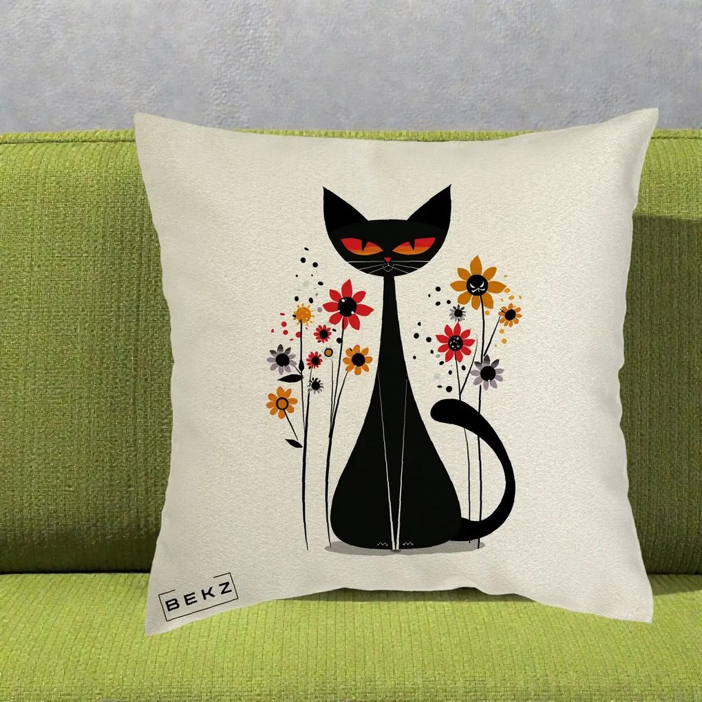 Perna Decorativa Pisica Neagra Ochi Rosii Flori, 40x40 cm, Ecru, Husa Detasabila, Perna Inclusa, BEKZ®