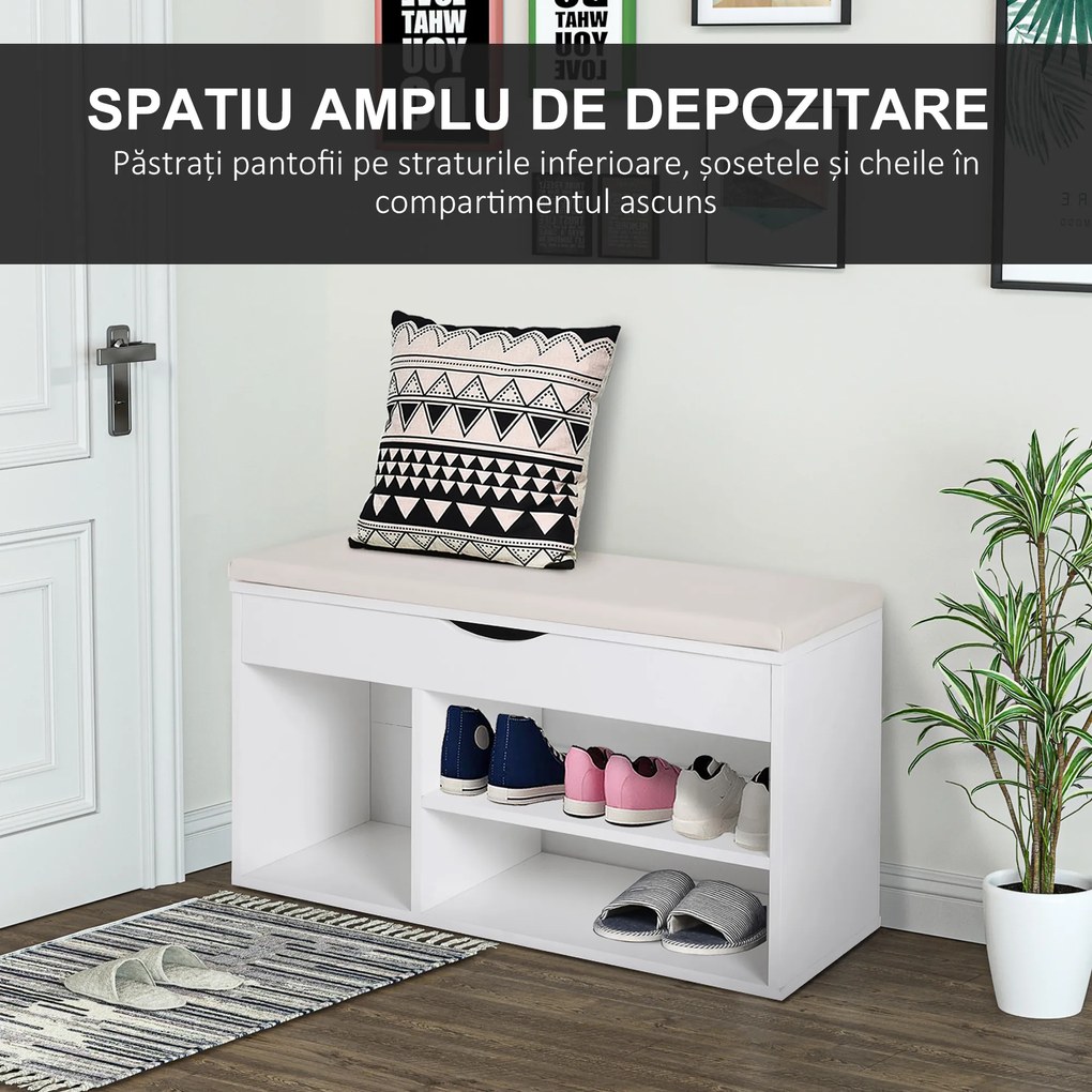 HOMCOM Dulap pentru Pantofi, Bancă cu Scaun Căptușit, Rabatabil, pentru Hol, 80x30x47 cm, Alb | Aosom Romania