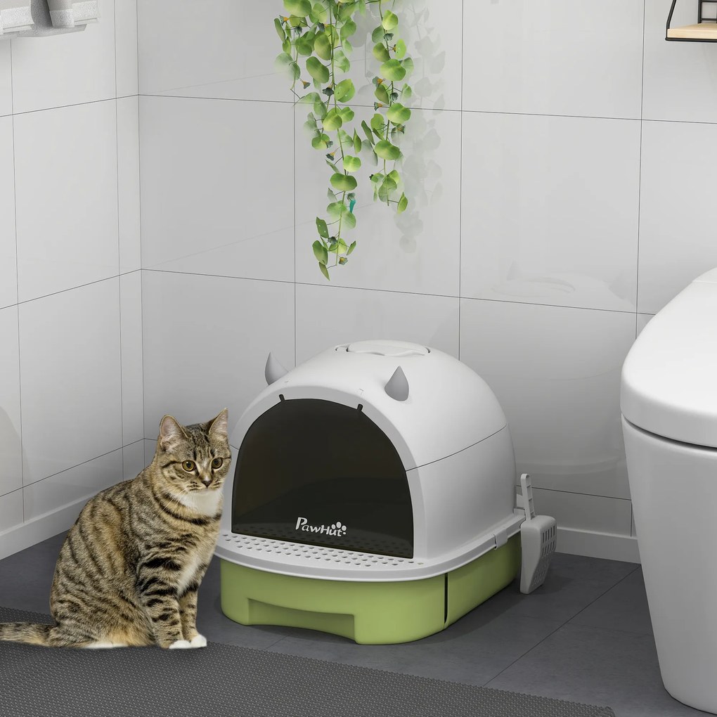 PawHut Litieră cu Capac, Tavă pentru Nisip tip Sertar cu Filtru de Carbon și Lopățică, 40,5x52x39 cm, Gri | Aosom Romania
