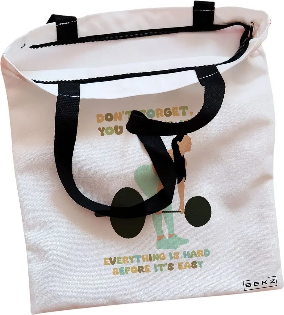 Sacosa de Panza pentru Cumparaturi, Geanta Tote, model Strength and Perseverance, Cu fermoar, 38x34.5 cm, Alba, BEKZ®