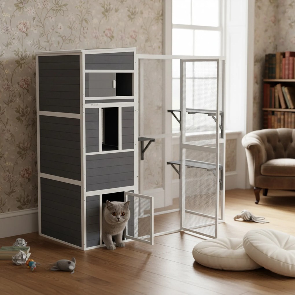 PawHut Cușcă pentru pisici în aer liber Casă din lemn cu 3 platforme acoperiș rezistent la intemperii zonă de odihnă pentru 3-4 pisici până la 10 kg Gri | Aosom Romania