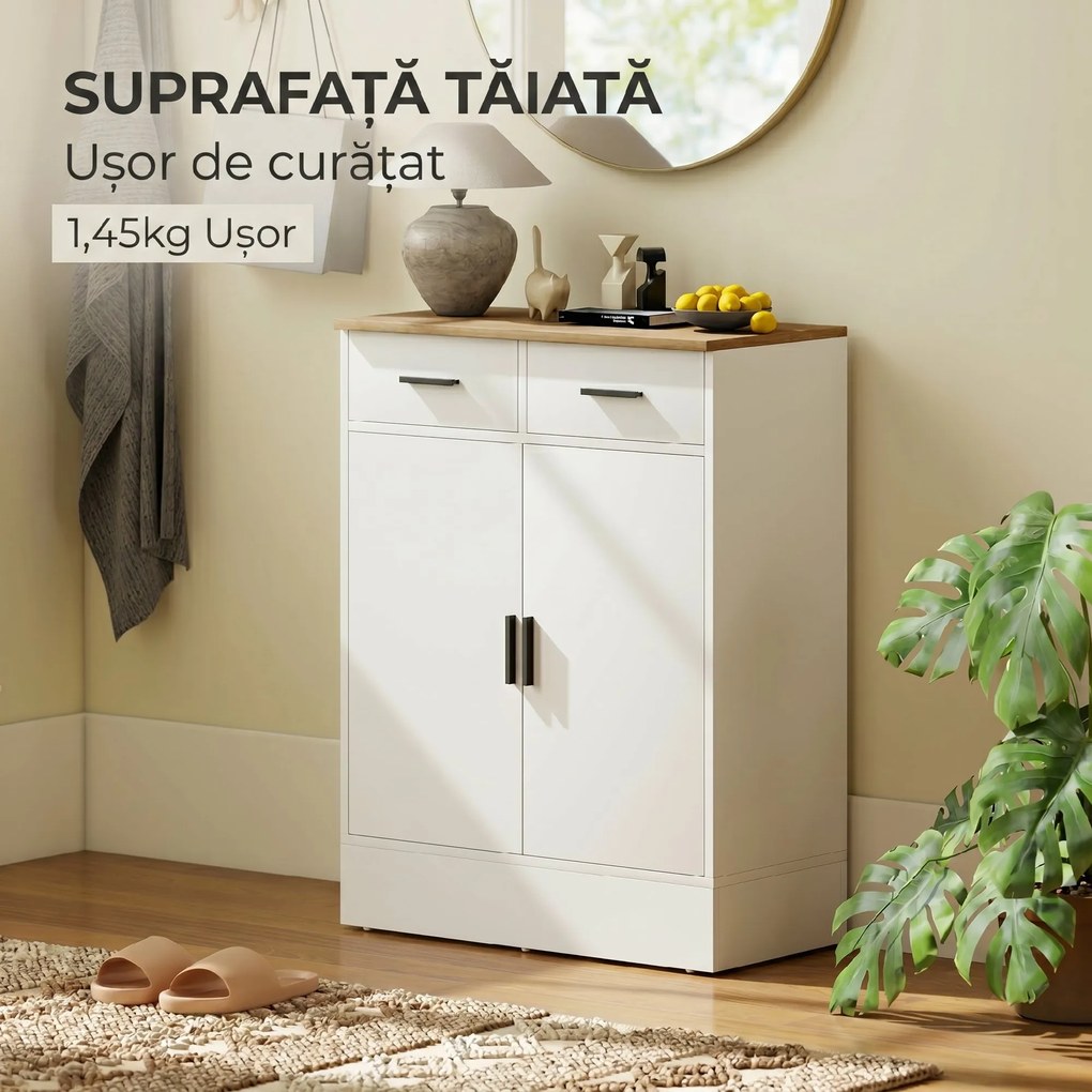 HOMCOM Bufet Modern 2 Sertare și Dulap cu 2 Uși, Raft Interior Reglabil, Alb și Lemn | Aosom Romania