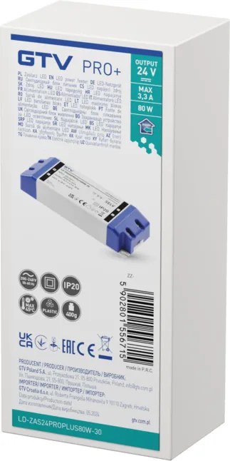 Transformator Pro+ GTV pentru bandă LED, 80W, 24V, IP20 80 W, 24 V, Plastic