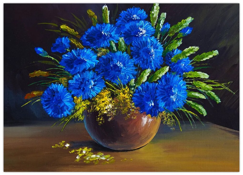 Tablou pe sticlă - Flori albastre în vază (70x50 cm)