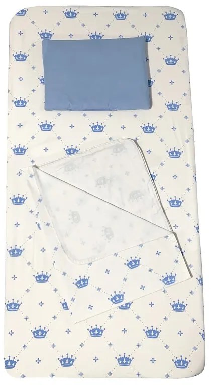 Set 3 piese pat 160x80 cm cu cearsaf paturica si perna Coronite albastru