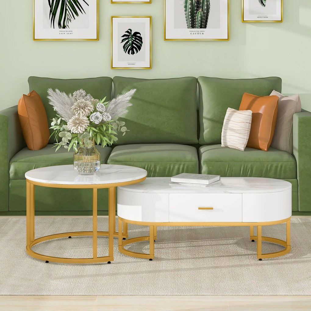 Set de 2 Măsuțe de Cafea Moderne cu Structură din Metal Auriu și Rafturi Spațioase, Dimensiuni 100x48x38,5 cm și 70x70x44,5 cm, Alb