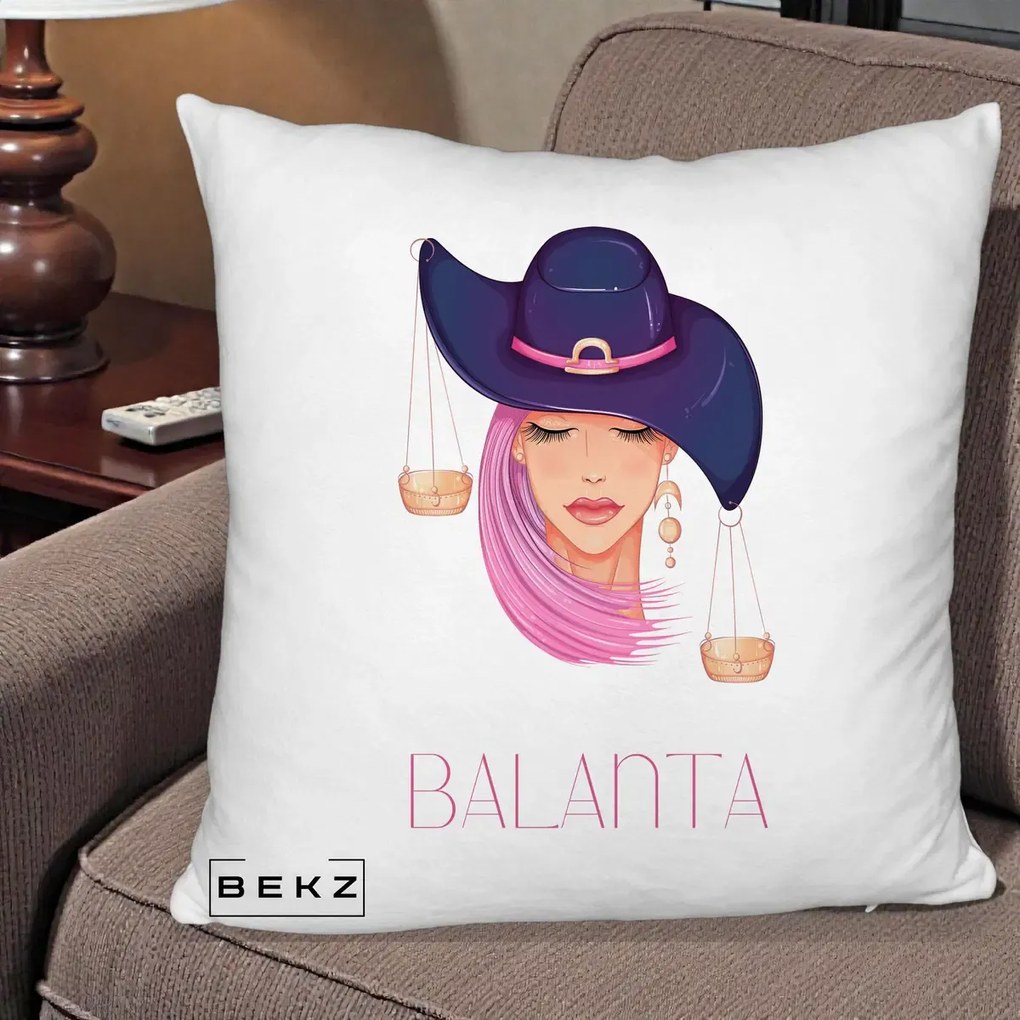 Perna Personalizata Zodiac Balanta Cowgirl, 40x40 cm, Alb Pufos, Husa Detasabila, Perna Inclusa, BEKZ®